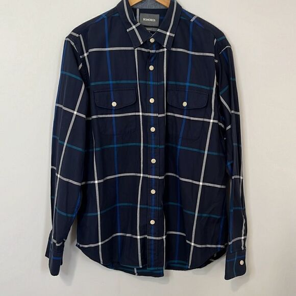 Bonobos Men’s Long Sleeve Casual Button Down Size XL Navy Blue Green White Plaid - Picture 1 of 9
